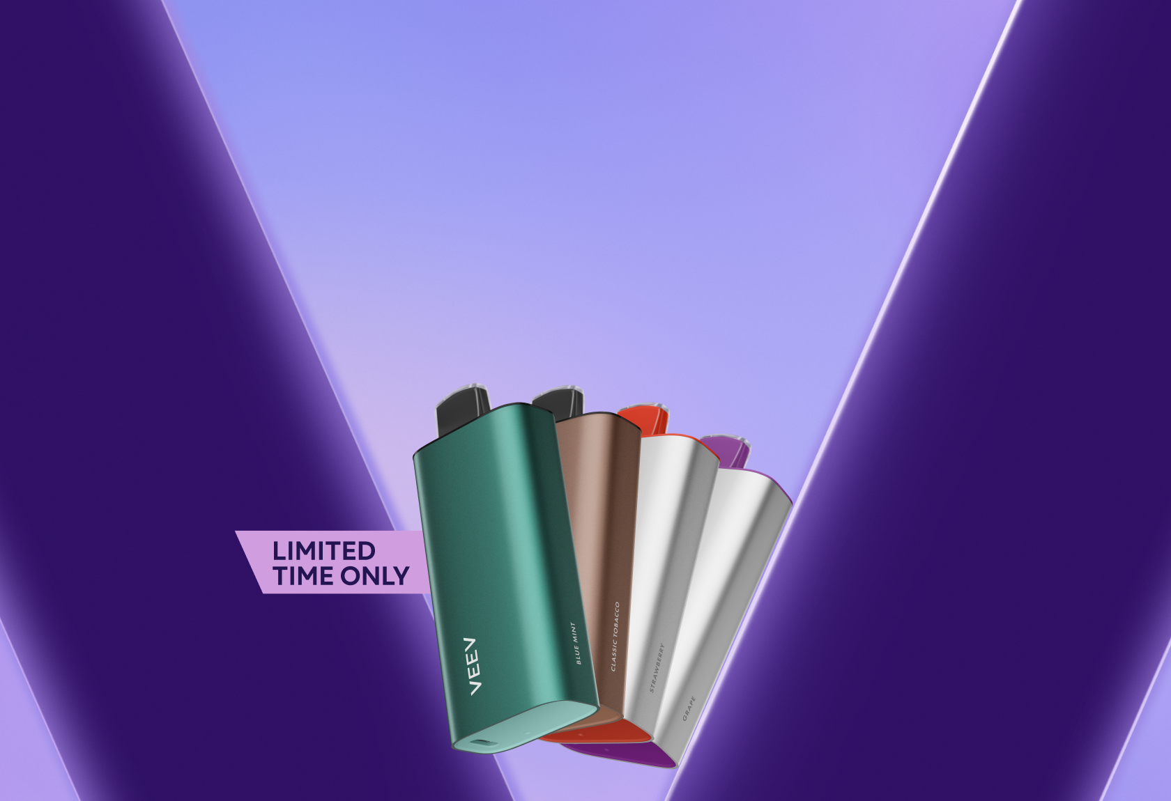 4 VEEV NOW disposables on a purple v background